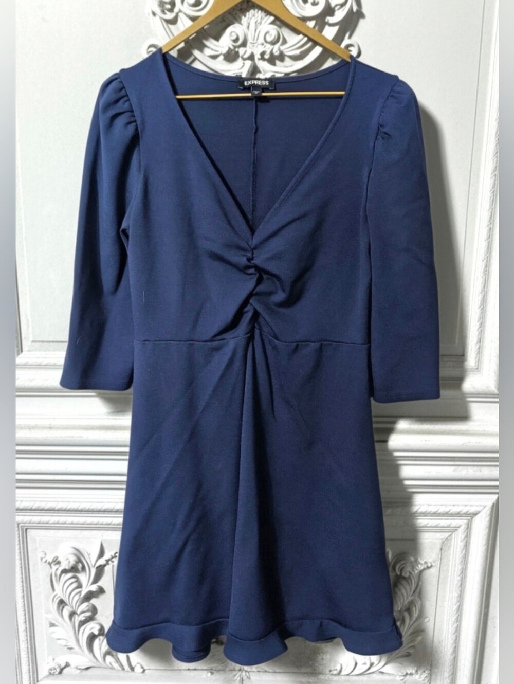 Express Navy Blue Mini Dress V-neck A-line With Ruffle Hem, Size M